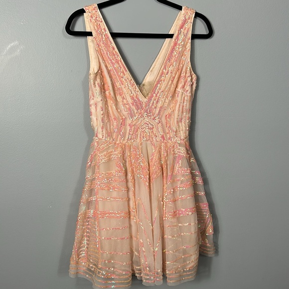 Bebe coral pink sequin double v neck flare sequin mesh top mini dress size XS - Picture 2 of 11
